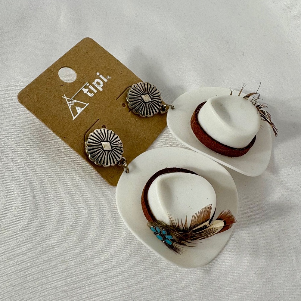 Tipi White Cowboy Hat Earrings Turquoise Feather Western Boho Jewelry - Picture 2 of 7